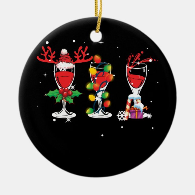 Three Glass of Red Wine Santa Hat Christmas Ceramic Tree Decoration (Front)