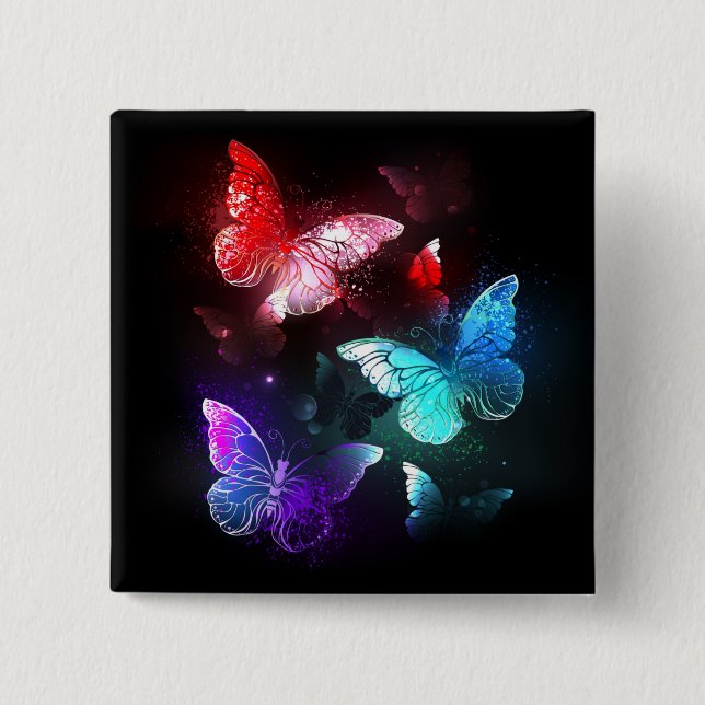 Three Glowing Butterflies on night background 15 Cm Square Badge (Front)