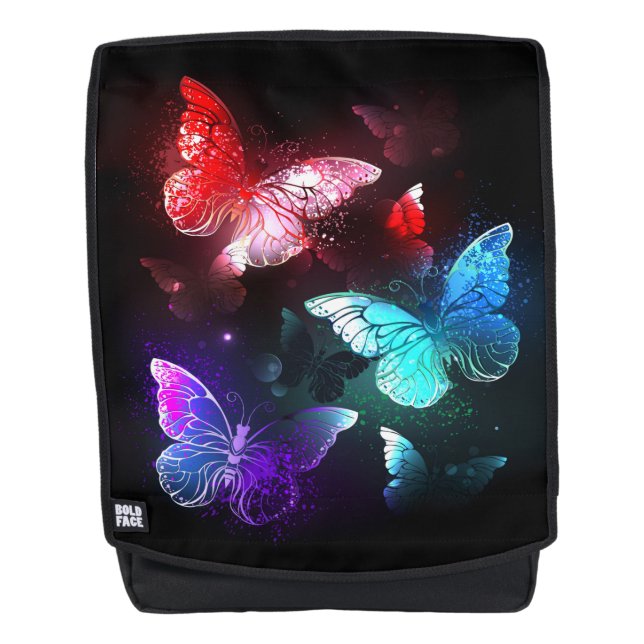 Three Glowing Butterflies on night background Backpack (Front)