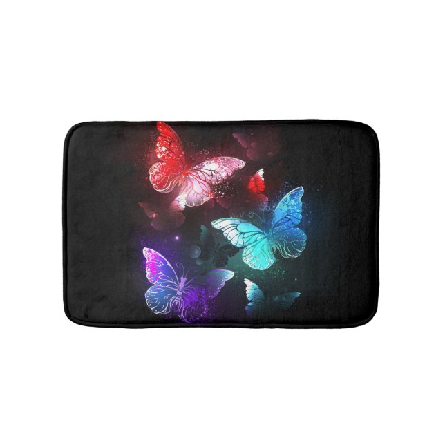 Three Glowing Butterflies on night background Bath Mat (Front)
