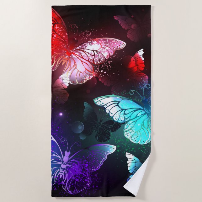 Three Glowing Butterflies on night background Beach Towel (Front)