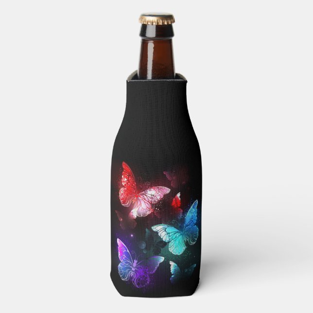 Three Glowing Butterflies on night background Bottle Cooler (Bottle Front)