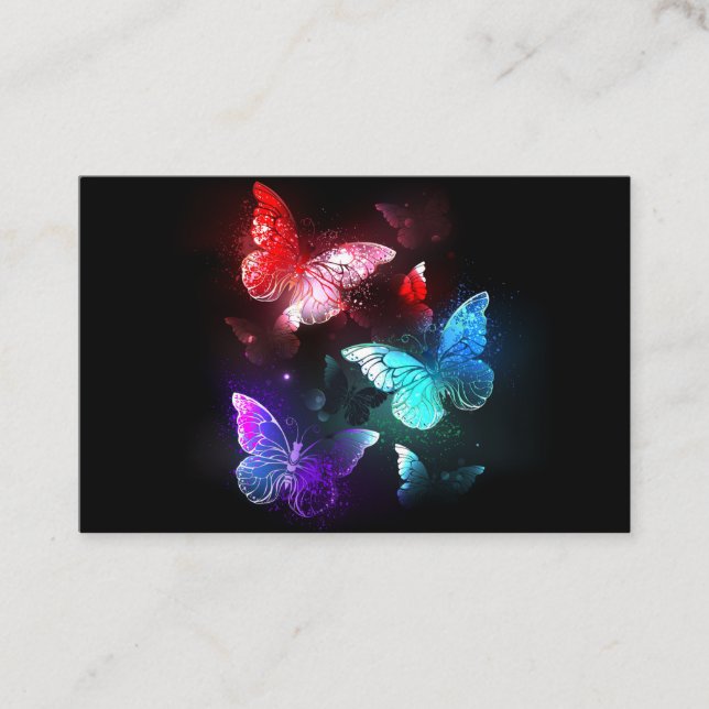 Three Glowing Butterflies on night background Business Card (Front)