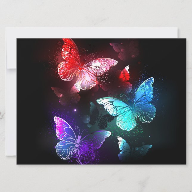 Three Glowing Butterflies on night background Card (Front)