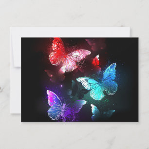 Three Glowing Butterflies on night background Card