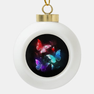 Three Glowing Butterflies on night background Ceramic Ball Christmas Ornament