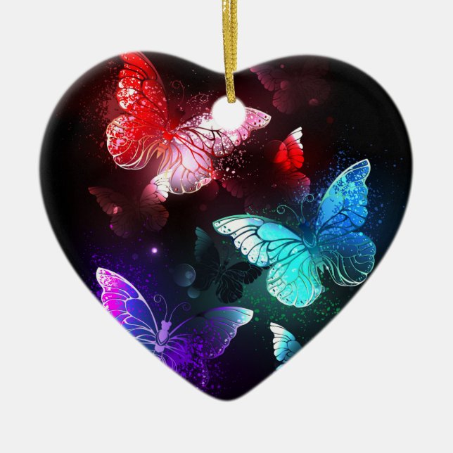 Three Glowing Butterflies on night background Ceramic Tree Decoration (Front)