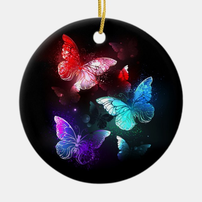 Three Glowing Butterflies on night background Ceramic Tree Decoration (Front)