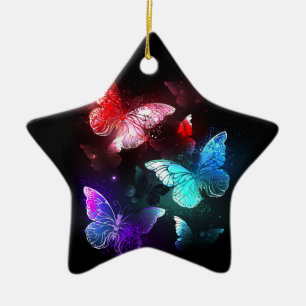 Three Glowing Butterflies on night background Ceramic Tree Decoration
