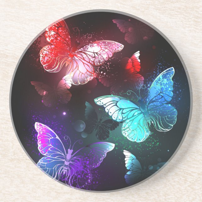 Three Glowing Butterflies on night background Coaster (Front)
