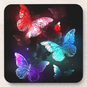 Three Glowing Butterflies on night background Coaster