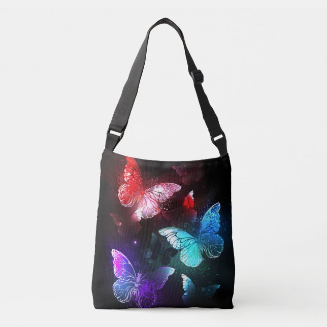 Three Glowing Butterflies on night background Crossbody Bag (Front)