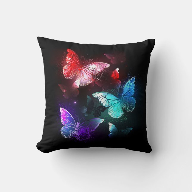 Three Glowing Butterflies on night background Cushion (Front)
