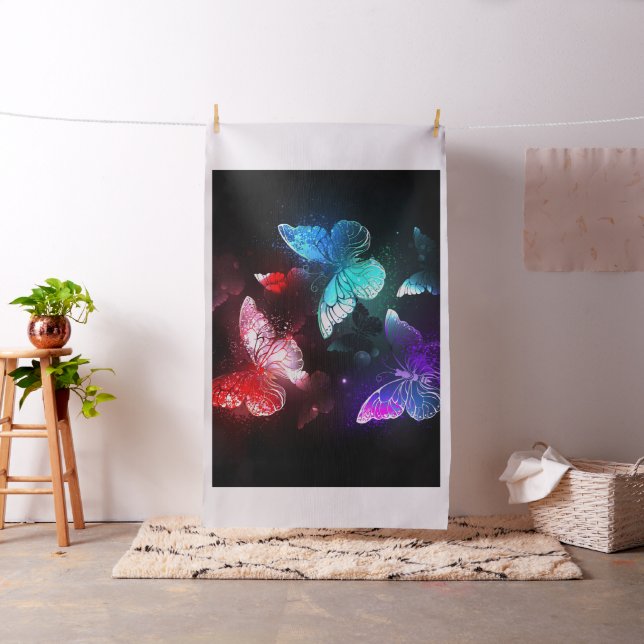 Three Glowing Butterflies on night background Fabric (In Situ)