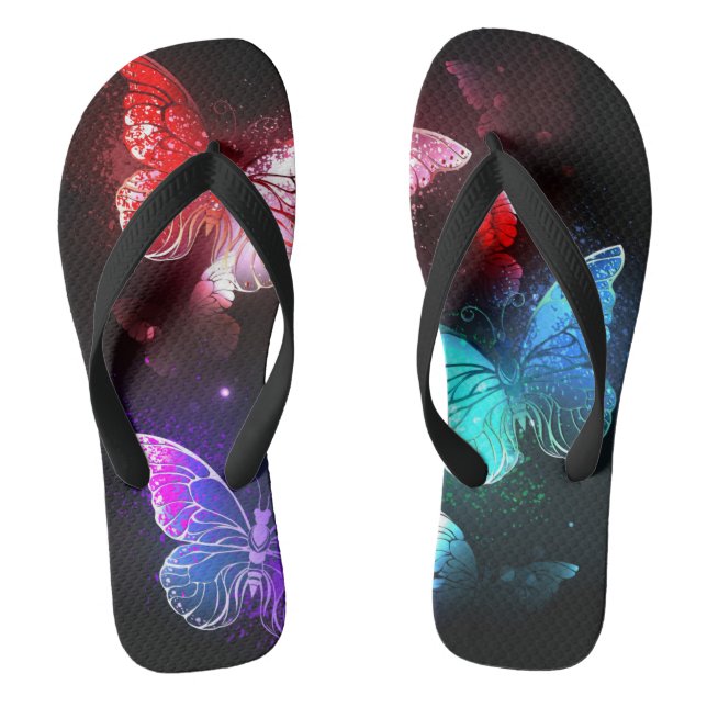 Three Glowing Butterflies on night background Flip Flops (Footbed)