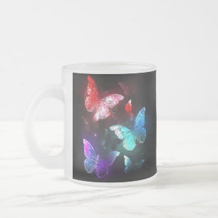 Three Glowing Butterflies on night background Frosted Glass Coffee Mug
