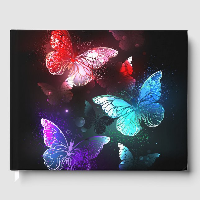 Three Glowing Butterflies on night background Guest Book (Front)