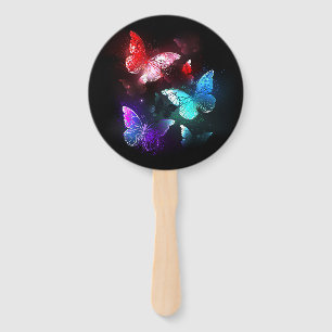Three Glowing Butterflies on night background Hand Fan