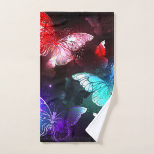 Three Glowing Butterflies on night background Hand Towel