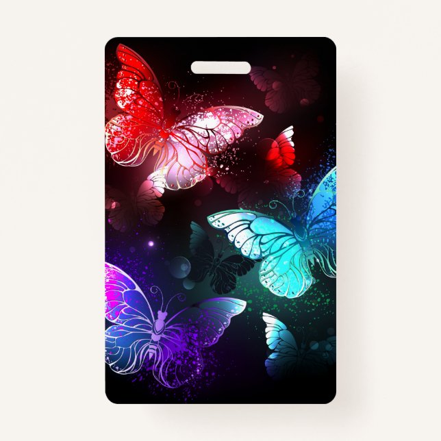 Three Glowing Butterflies on night background ID Badge (Front)