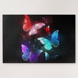 Three Glowing Butterflies on night background Jigsaw Puzzle