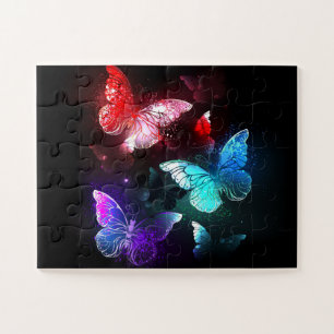 Three Glowing Butterflies on night background Jigsaw Puzzle