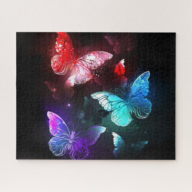 Three Glowing Butterflies on night background Jigsaw Puzzle (Horizontal)