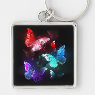 Three Glowing Butterflies on night background Key Ring