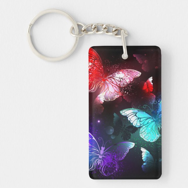 Three Glowing Butterflies on night background Key Ring (Front)