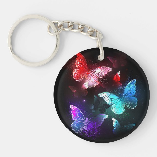 Three Glowing Butterflies on night background Key Ring (Front)