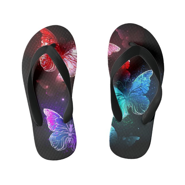 Three Glowing Butterflies on night background Kid's Flip Flops (Footbed)
