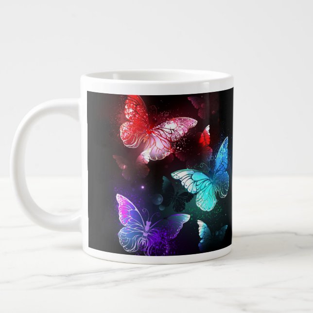 Three Glowing Butterflies on night background Large Coffee Mug (Left)