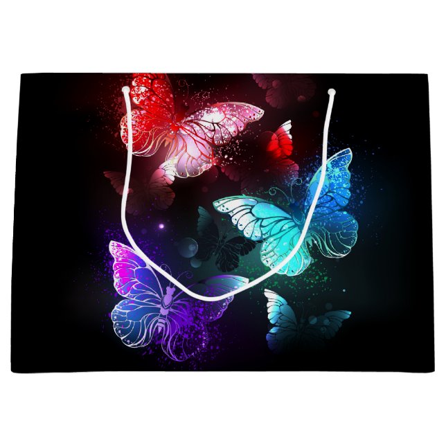 Three Glowing Butterflies on night background Large Gift Bag (Front)