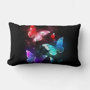 Three Glowing Butterflies on night background Lumbar Cushion