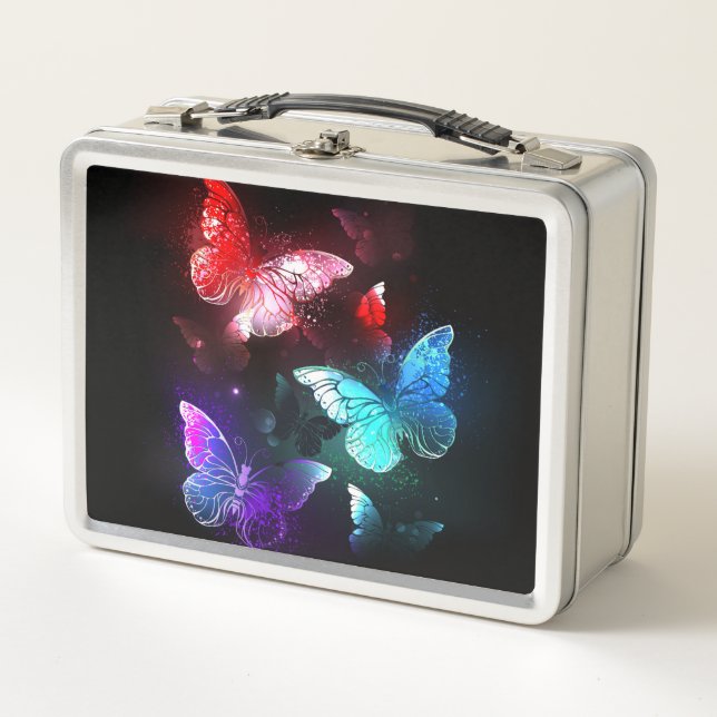 Three Glowing Butterflies on night background Metal Lunch Box (Front)