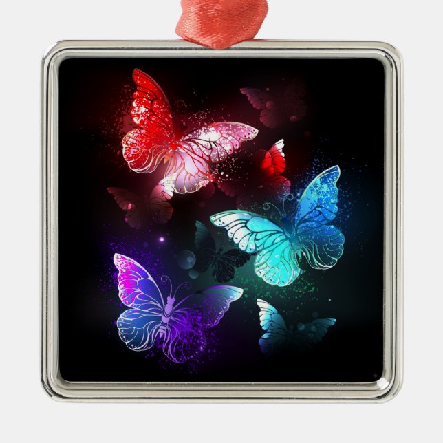 Three Glowing Butterflies on night background Metal Tree Decoration (Front)
