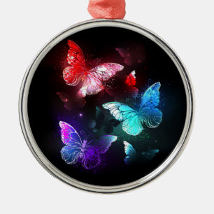 Three Glowing Butterflies on night background Metal Tree Decoration