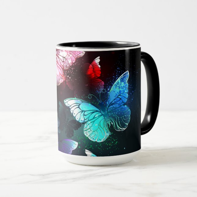 Three Glowing Butterflies on night background Mug (Front Right)