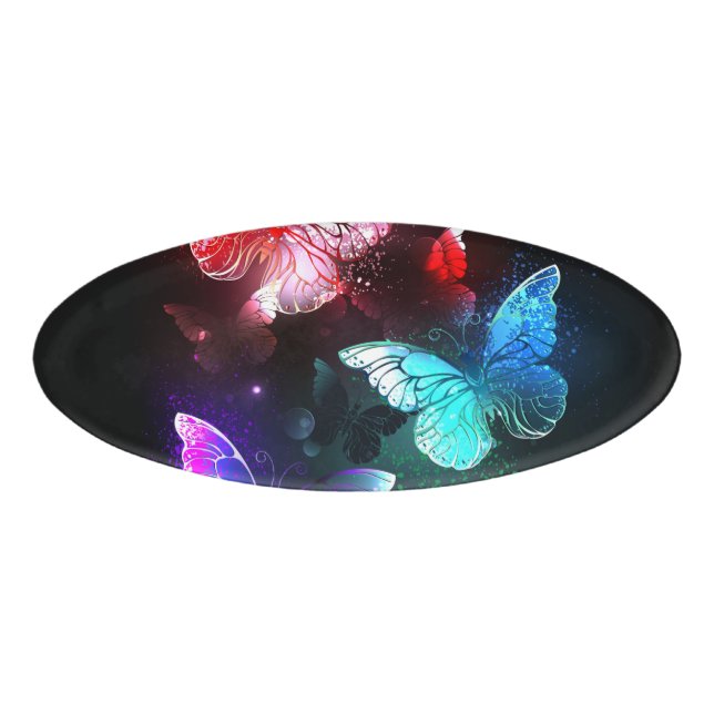 Three Glowing Butterflies on night background Name Tag (Front)