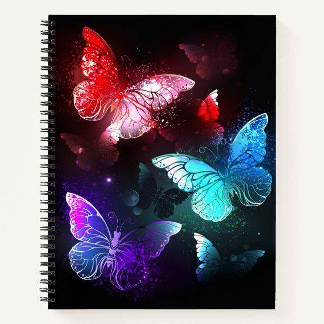 Three Glowing Butterflies on night background Notebook (Front)
