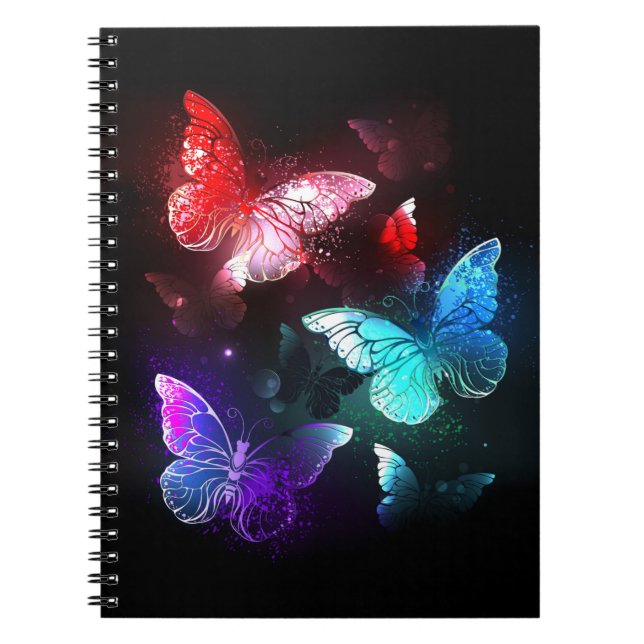 Three Glowing Butterflies on night background Notebook (Front)