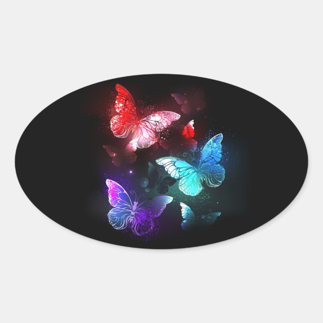 Three Glowing Butterflies on night background Oval Sticker (Front)