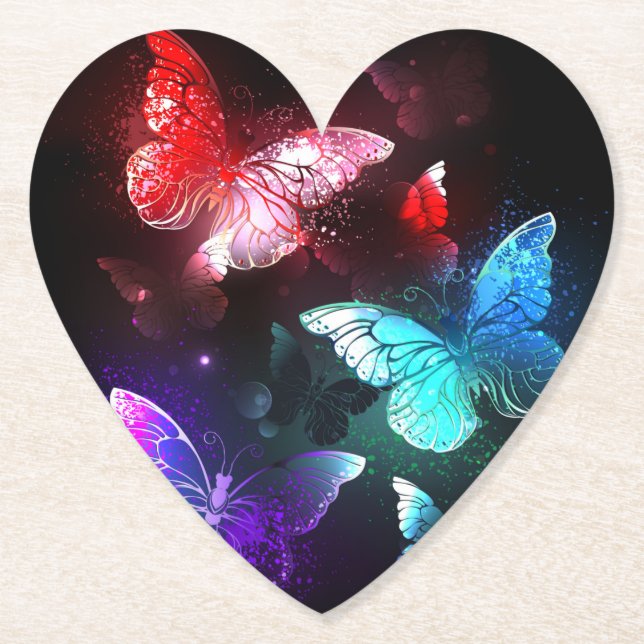 Three Glowing Butterflies on night background Paper Coaster (Front)