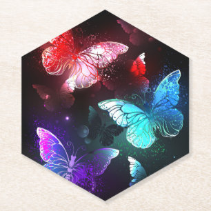 Three Glowing Butterflies on night background Paper Coaster