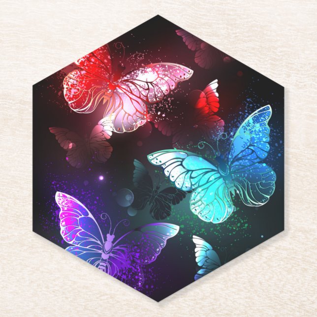 Three Glowing Butterflies on night background Paper Coaster (Front)