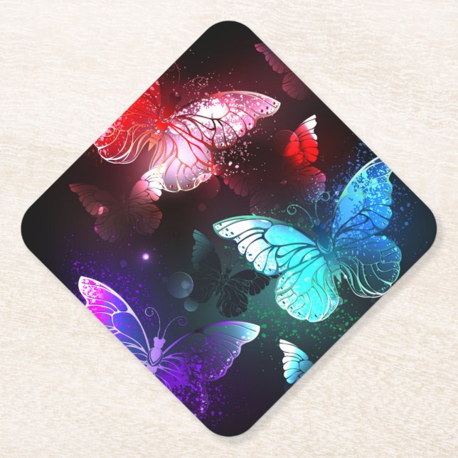 Three Glowing Butterflies on night background Paper Coaster (Front)