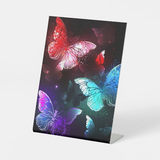 Three Glowing Butterflies on night background Pedestal Sign (Front)