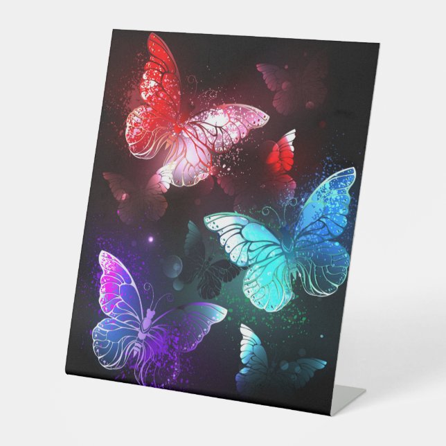 Three Glowing Butterflies on night background Pedestal Sign (Front)