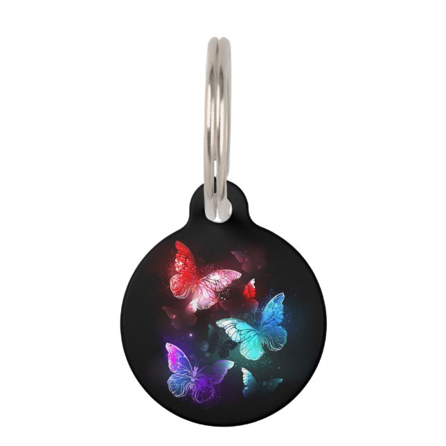 Three Glowing Butterflies on night background Pet Tag (Front)