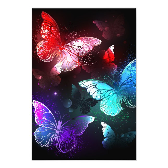 Three Glowing Butterflies on night background Photo Print (Front)